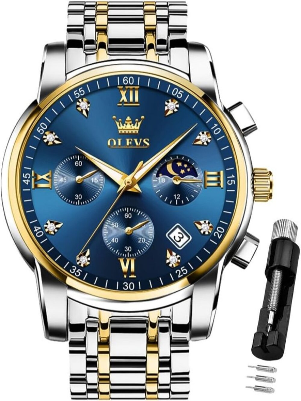 Mens Blue Gold Diamond Analog Quartz Stainless Waterproof Luminous Classic Watch